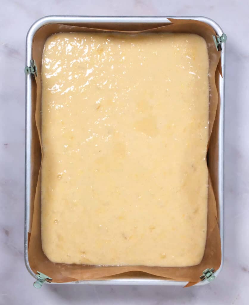 Cake batter in a rectangular baking pan
