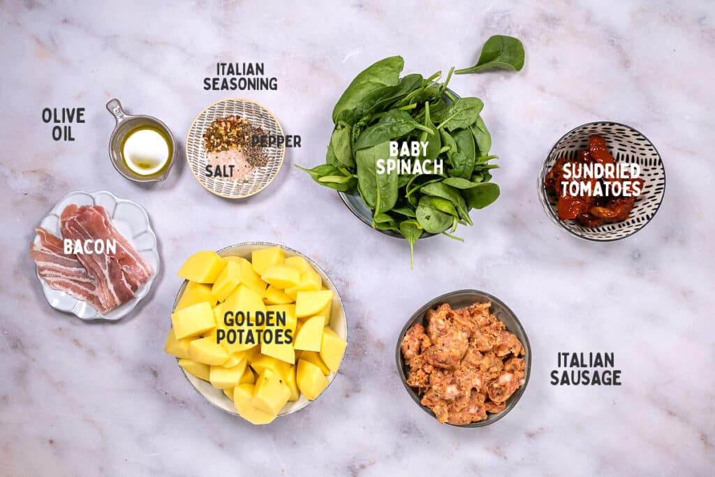 Warm Tuscan Potato Salad Ingredients with captions