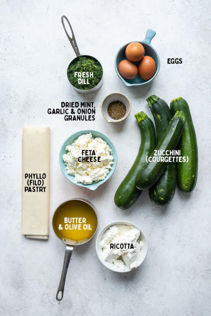 Greek zucchini pie ingredients with captions