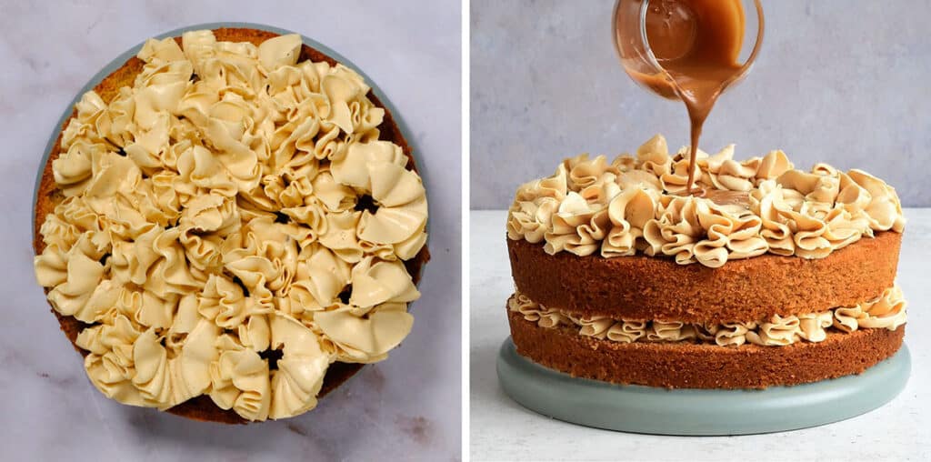 collage showing how to fill and decorate a Biscoff cake