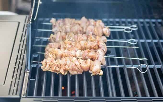 Pork skewers on a grill