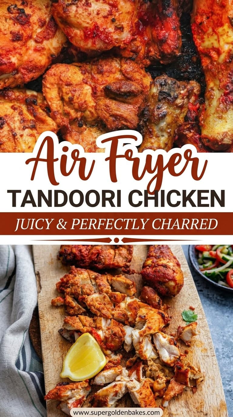 Close-up of charred tandoori chicken in air fryer and a wooden board with sliced chicken, lemon wedges, and herbs. Text reads: Air Fryer Tandoori Chicken, Juicy & Perfectly Charred.