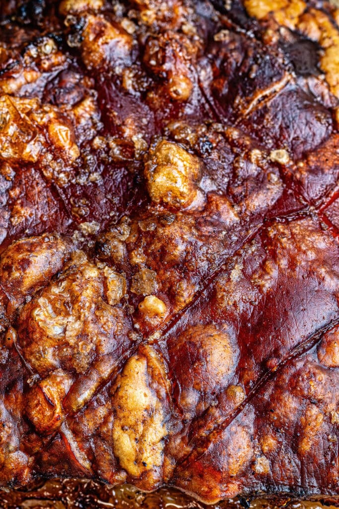 extreme close up on super crisp pork belly crackling