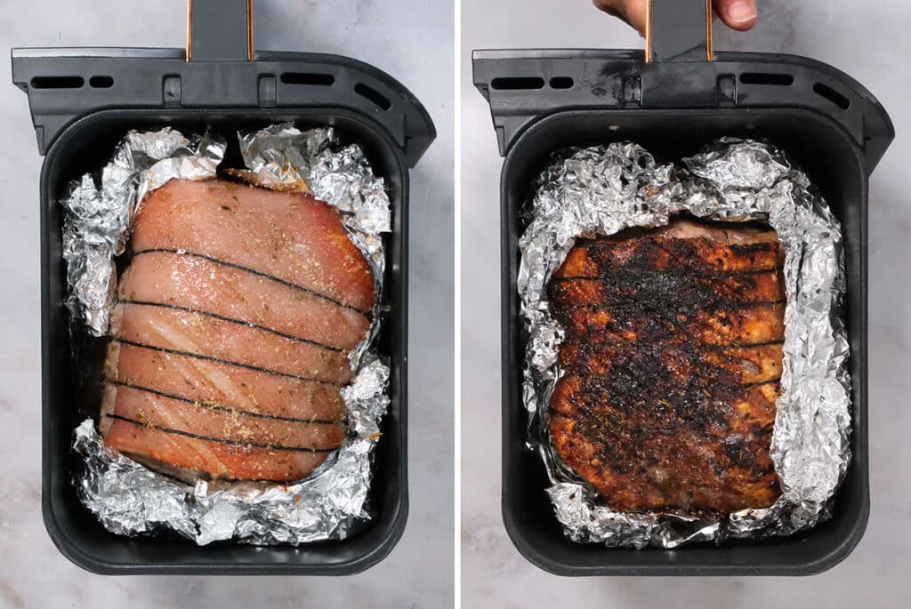 Pork shoulder in an air fryer basket before and after crisping the crackling