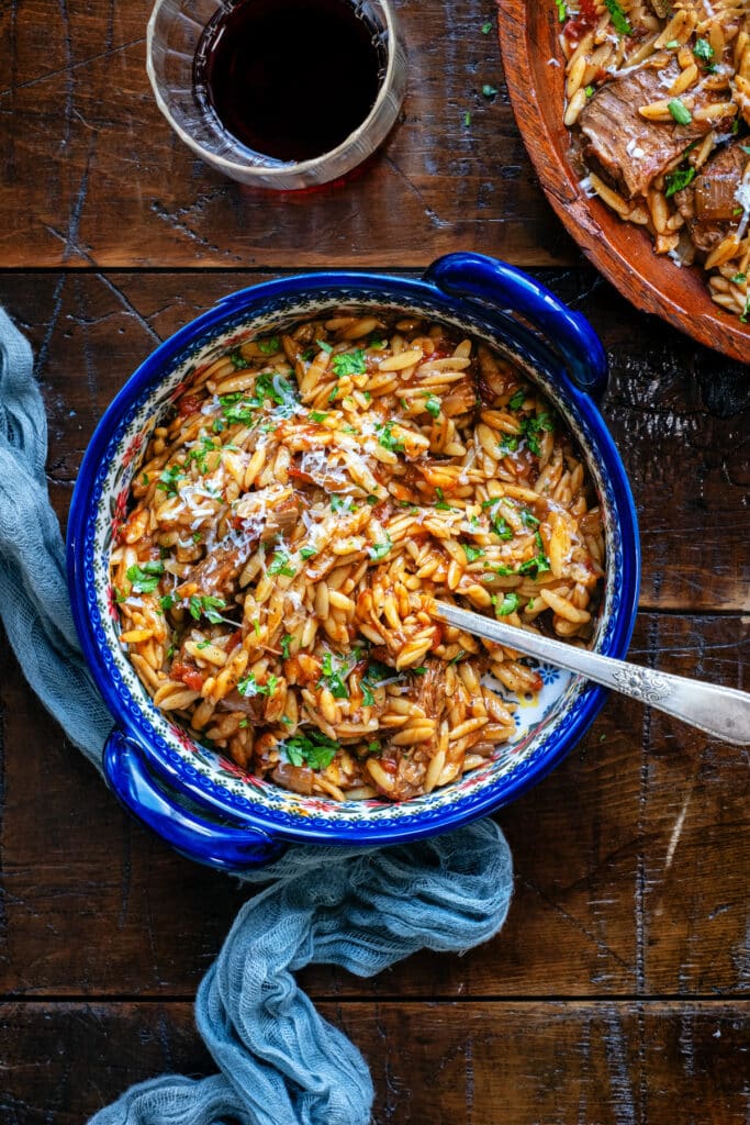 serving of Greek beef and orzo stew