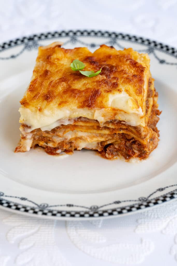 slice of classic meat lasagna cooked in the air fryer