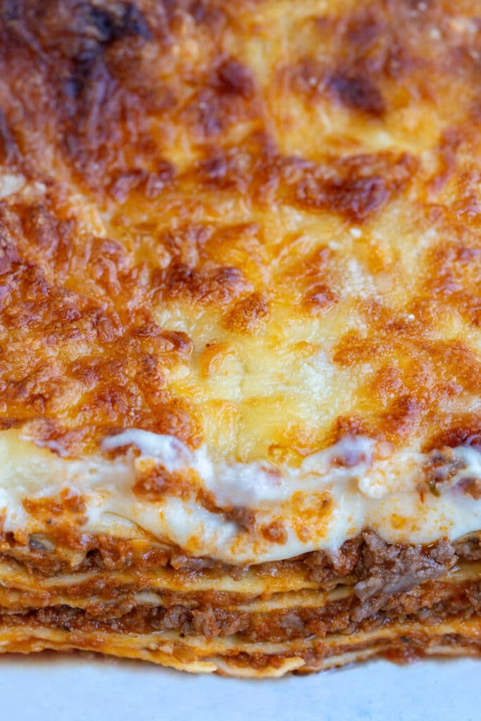 close up on air fryer lasagna