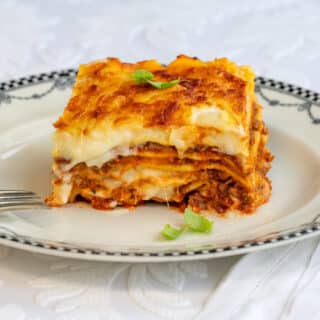 slice of air fryer lasagna on a white plate