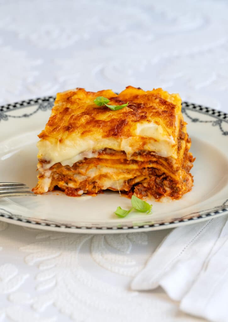 slice of air fryer lasagna on a white plate