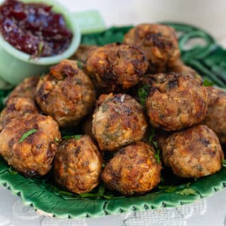 air fryer stuffing balls served with cranberry sauce on the side