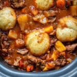Close up on lamb casserole with dumplings in a slow cooker