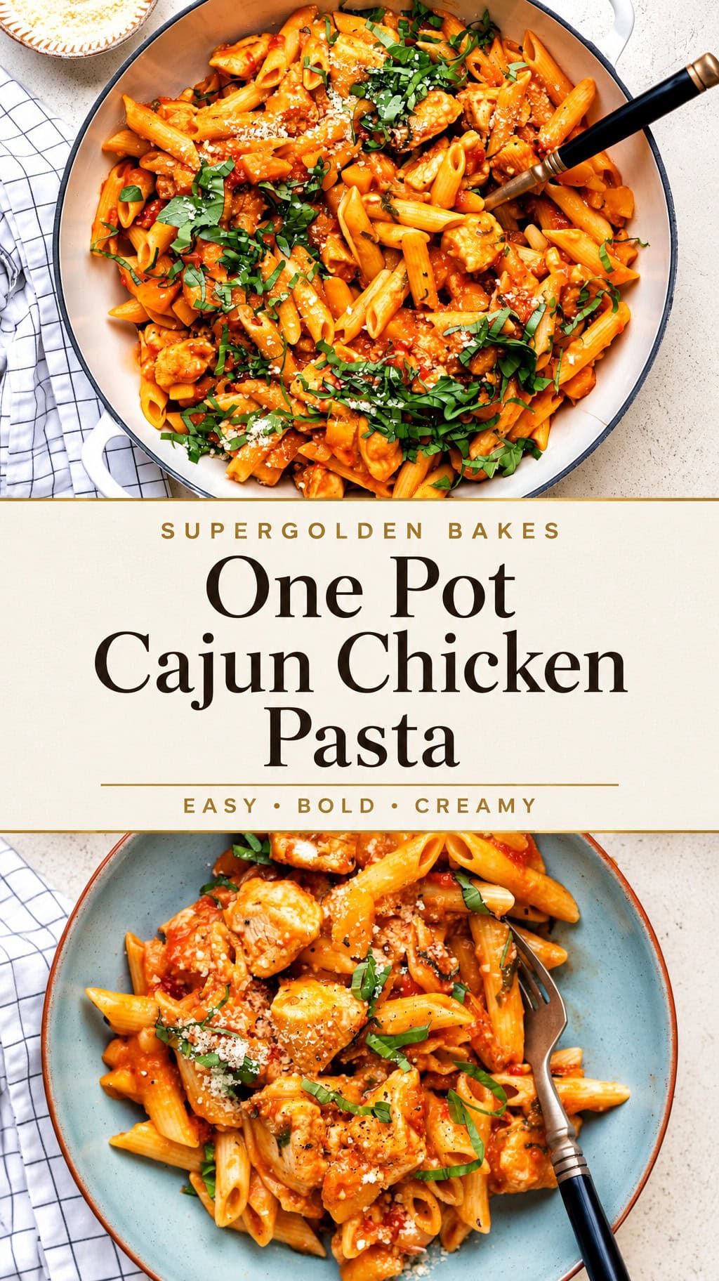 Two bowls filled with creamy Cajun Chicken Pasta, garnished with fresh herbs. Text in the center reads: One Pot Cajun Chicken Pasta—Easy, Bold, Creamy. A fork and napkin are visible beside the bowls, perfectly completing this irresistible Cajun chicken pasta recipe.