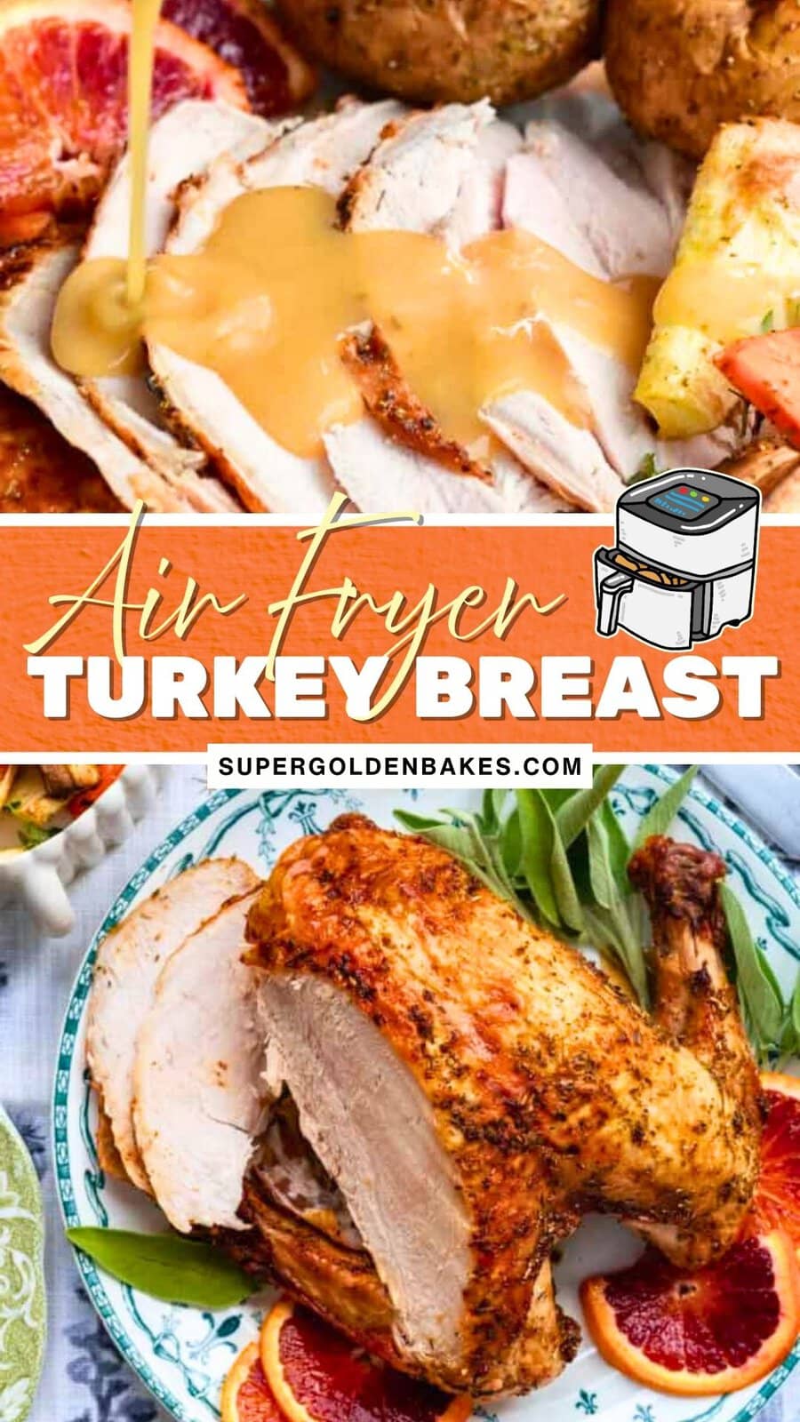 Sliced air fryer turkey breast served with gravy, vegetables, and potatoes on a plate, with an air fryer icon and the text Air Fryer Turkey over a colorful background.