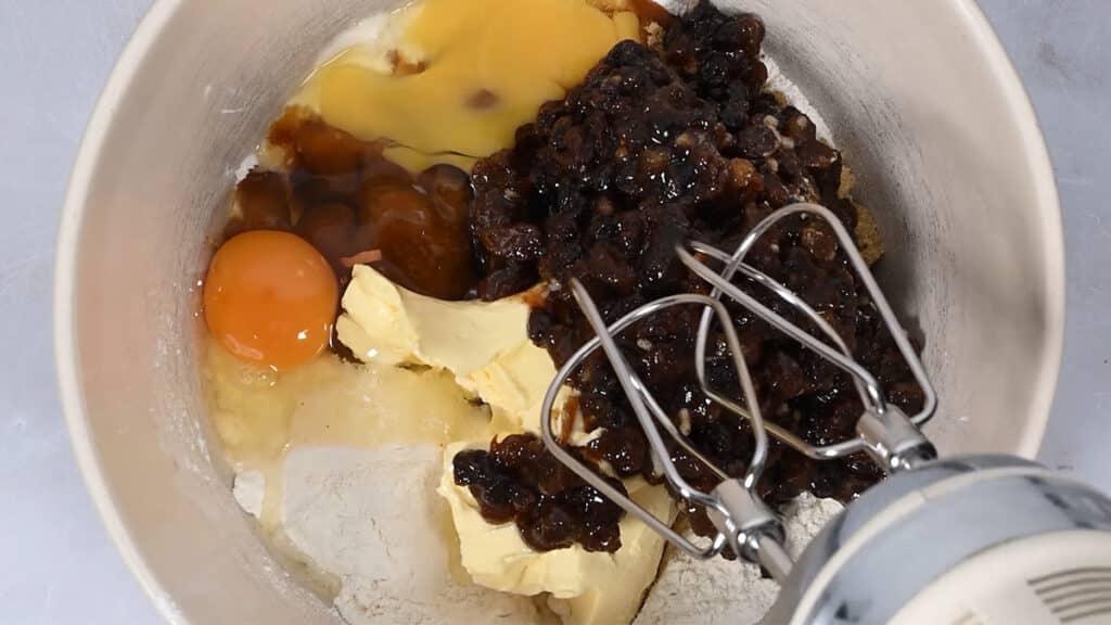 Ingredients for Mary Berry's mincemeat cake in a mixing bowl