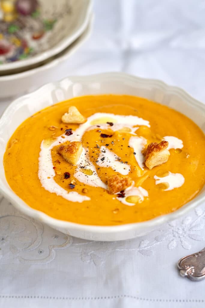 close up on a bowl of butternut squash soup