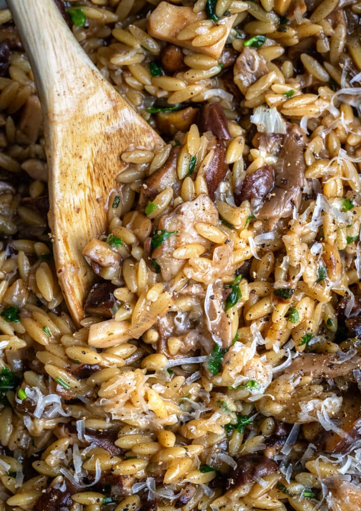 close up on mushroom orzo garnished with grated Parmesan