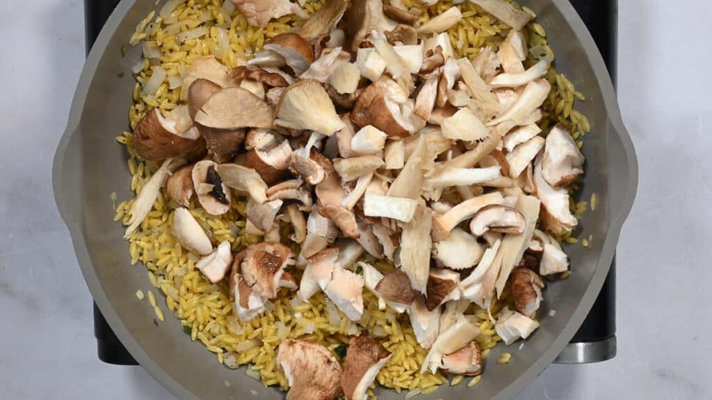 mushroom and orzo in a pan