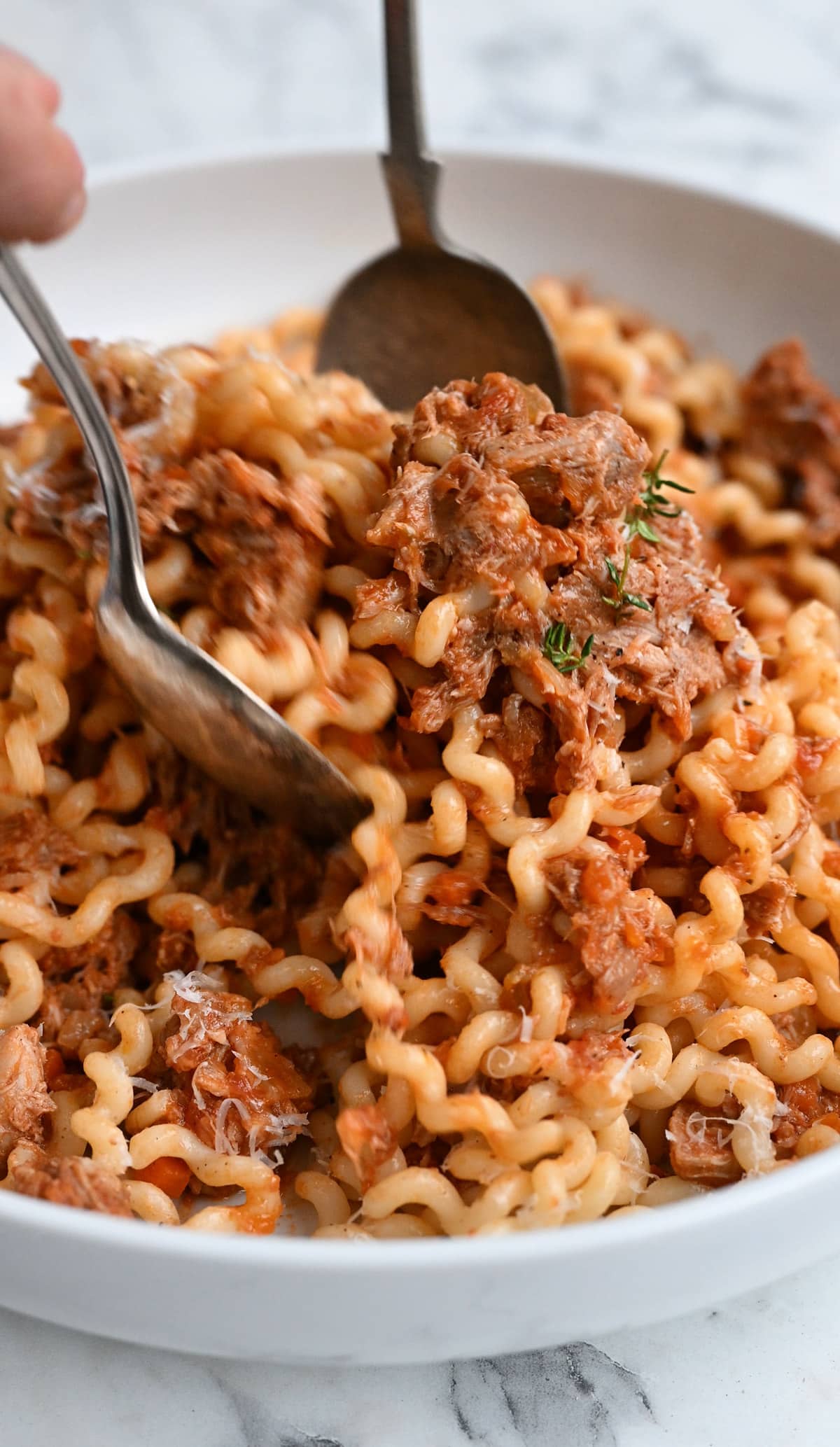Two spoons lifting pasta with pork ragu sauce