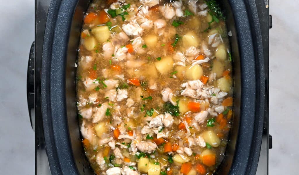 slow cooker chicken soup with gnocchi, process shot