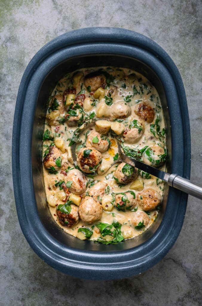 Slow Cooker Tuscan Chicken Meatballs With Gnocchi