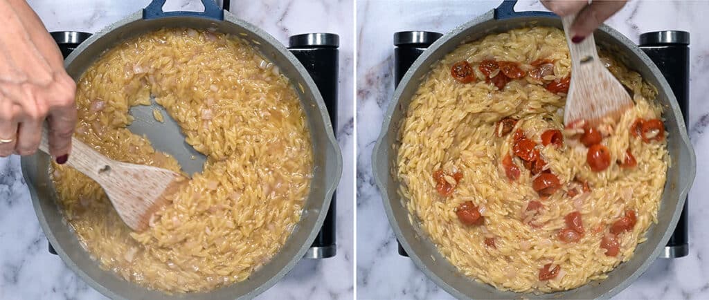 cooking orzo in a pan
