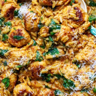 Close up on Marry Me chicken meatballs with orzo pasta