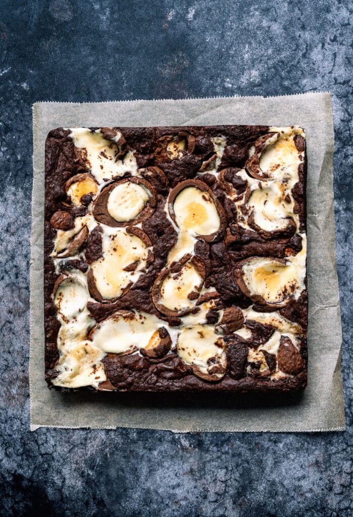 Creme Egg Brownies baked in an air fryer on top of baking paper
