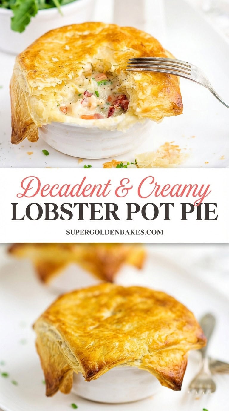 A golden, flaky lobster pot pie sits in a white ramekin with a fork breaking the crust, revealing creamy lobster pot pie filling. Another whole pie is in the background. Text overlay reads “Decadent & Creamy Lobster Pot Pie.”.