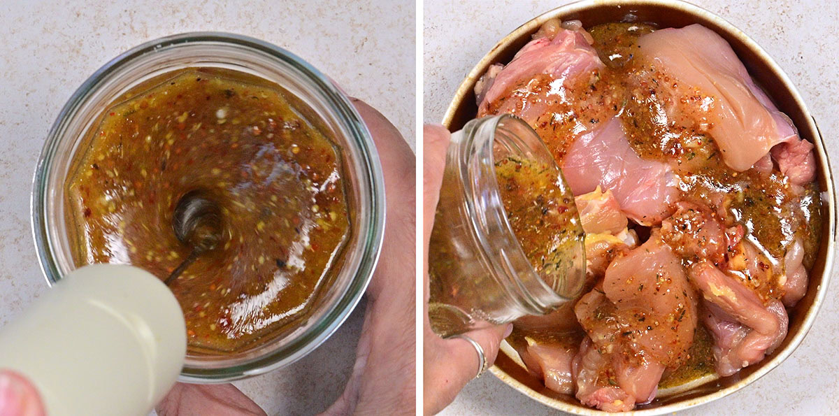 A jar of marinade is being mixed with a hand blender in the first image. In the second image, the marinade is being poured over raw pieces of chicken in a bowl.