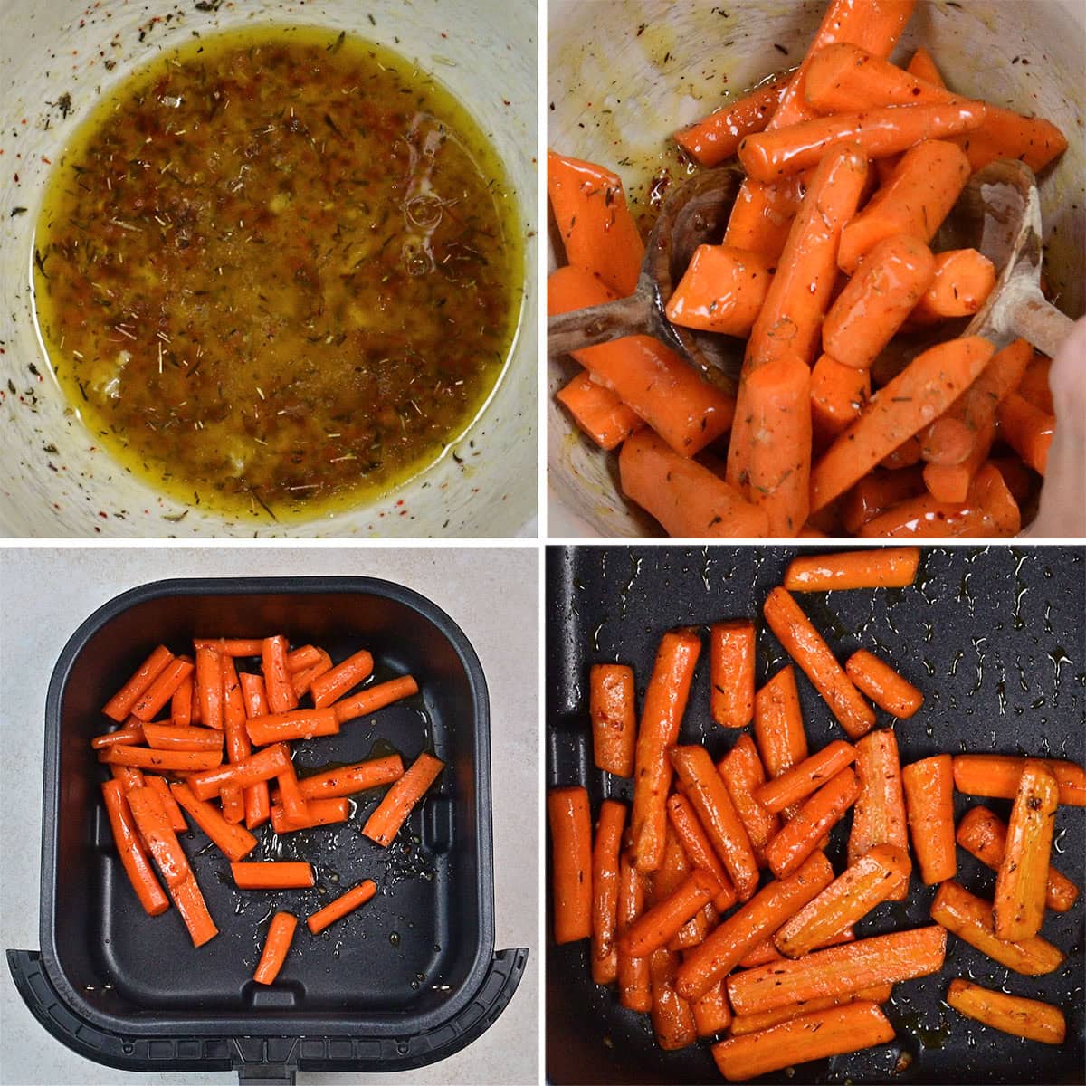 Four images show steps for making air fryer carrots: mixing seasoning sauce, coating carrot sticks with the sauce, placing carrots in an air fryer basket, and cooked carrots in the basket, slightly browned.