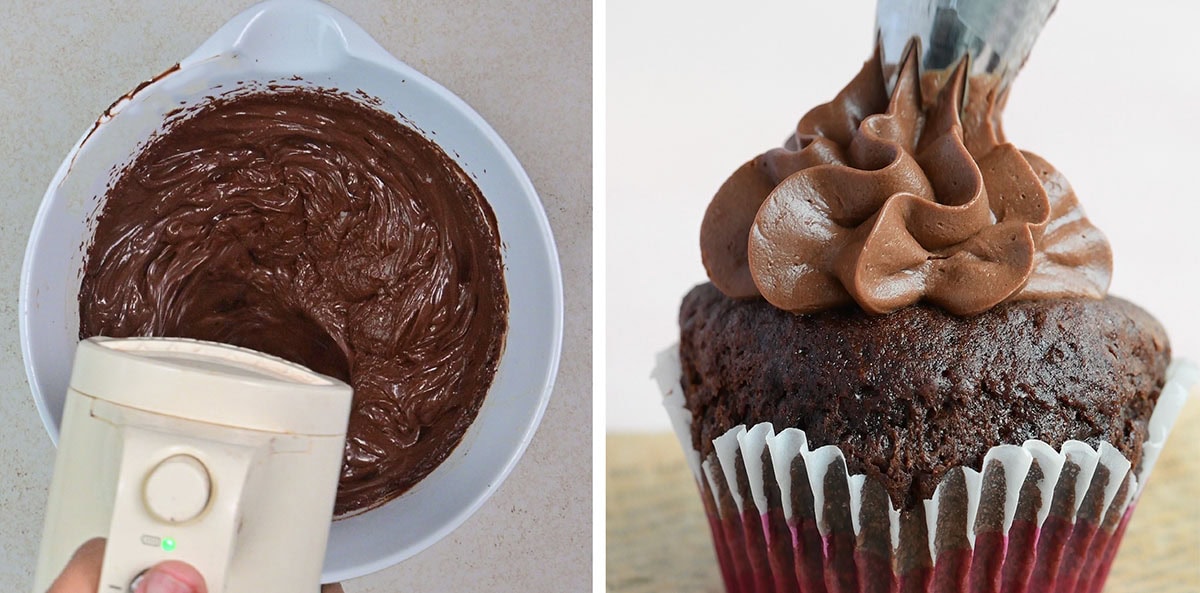 Side-by-side image: On the left, chocolate cupcake batter is being mixed in a white bowl with a hand mixer. On the right, chocolate frosting is being piped onto a baked chocolate cupcake in a paper liner.