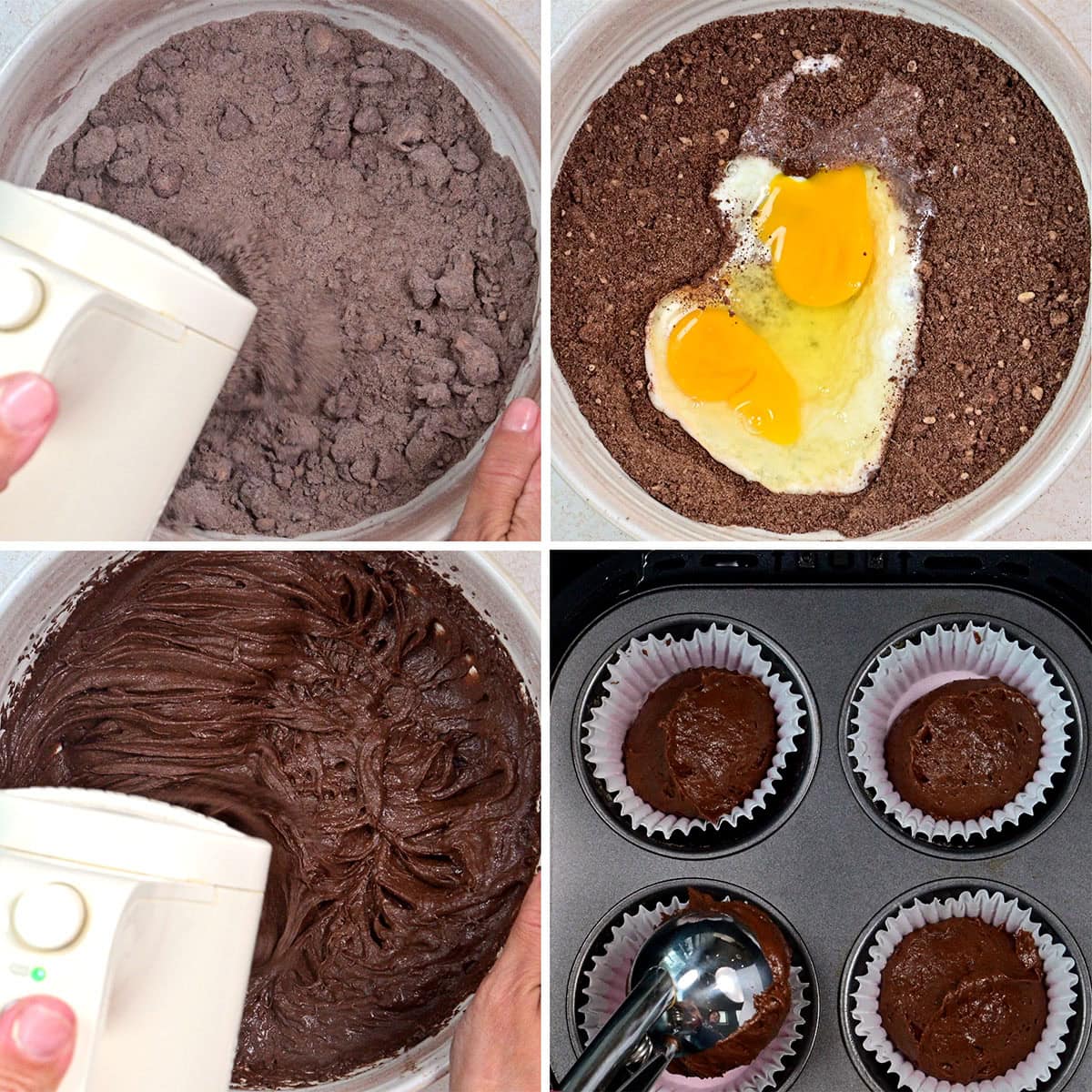 A four-step collage: Mixing chocolate cake mix, adding two eggs, blending the batter until smooth, and scooping it into cupcake liners in a muffin tin.