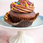 An air fryer chocolate cupcake with chocolate frosting and colorful sprinkles sits in a brown paper liner on a white cake stand with a blue rim.