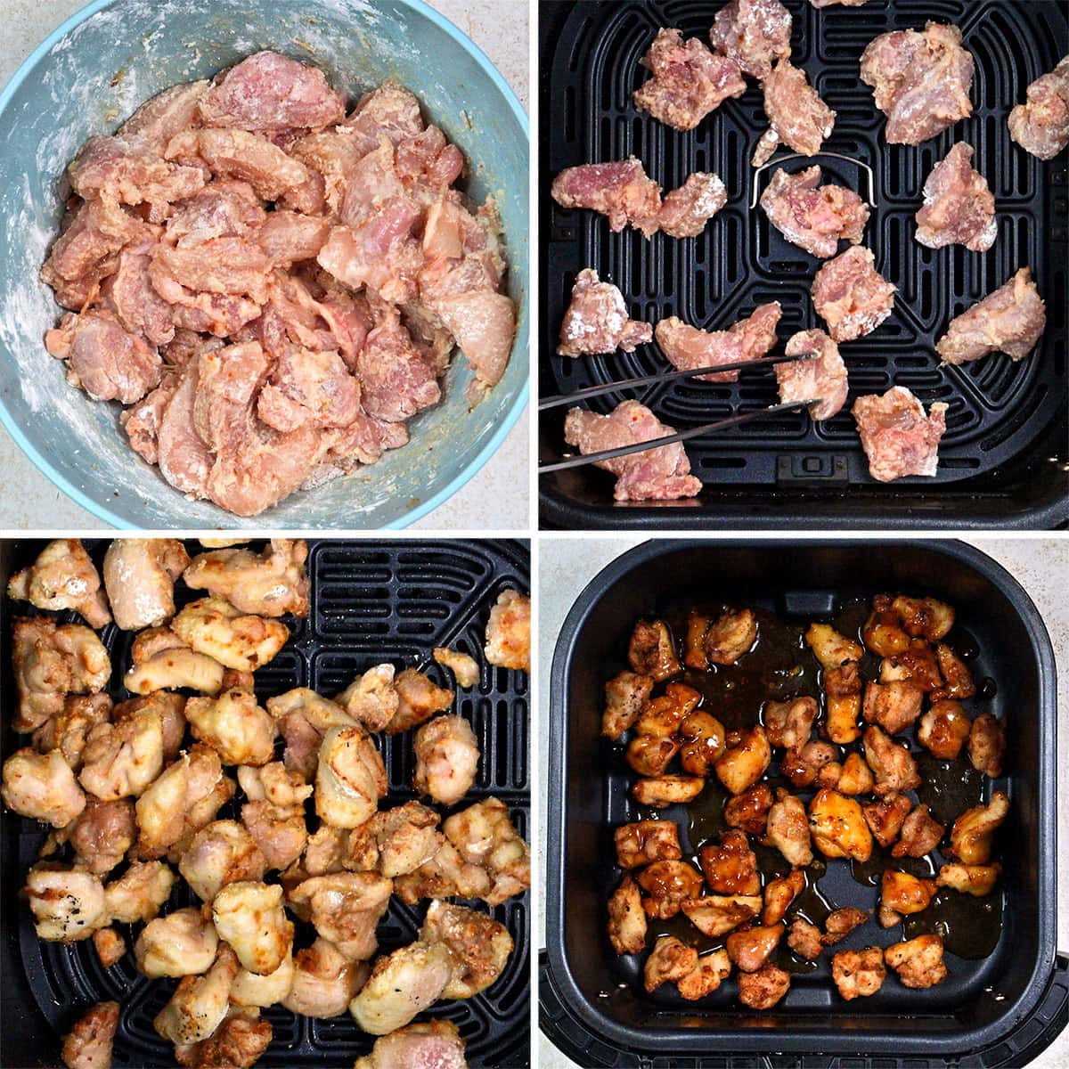 Four images show steps of cooking orange chicken in an air fryer: marinated raw chicken in a bowl, raw chicken pieces arranged in an air fryer basket, cooked chicken pieces, and glazed chicken pieces back in the air fryer.