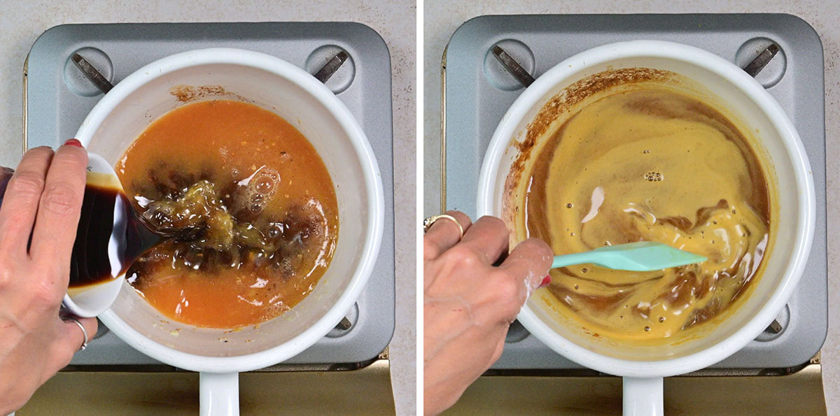 Side-by-side images show hands mixing ingredients in a white saucepan. On the left, a dark liquid is being poured in; on the right, the mixture is being stirred with a green spatula, creating a smooth orange sauce.