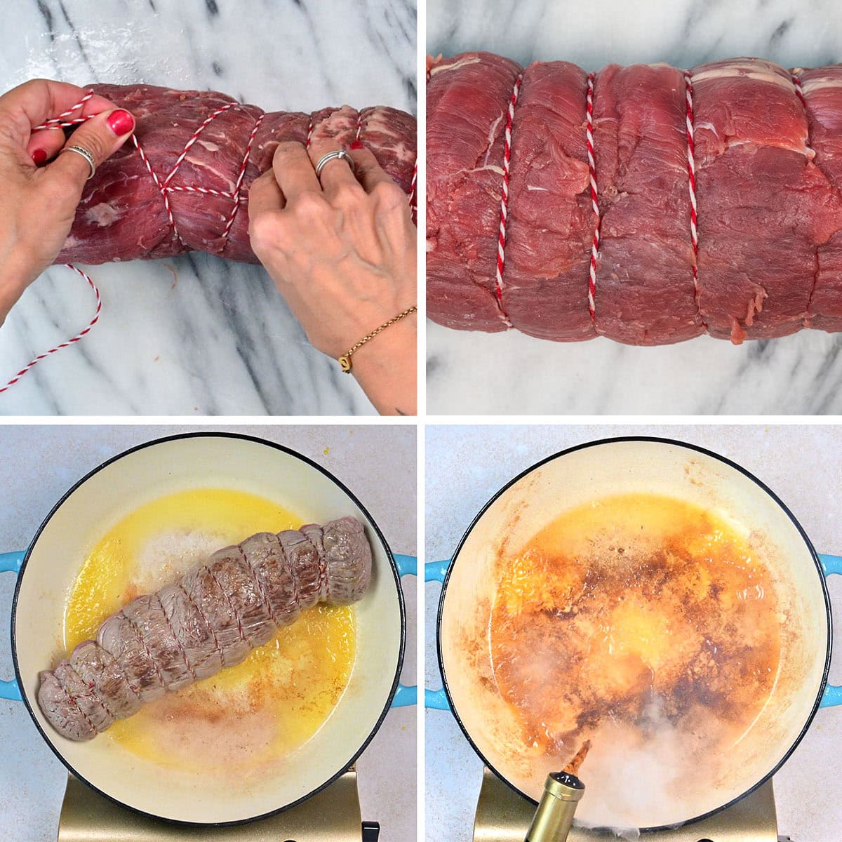 A four-step collage shows: hands tying string around a beef tenderloin, a close-up of the tied roast, the roast browning in a pan, and the pan after the roast has been removed with browned bits left behind.