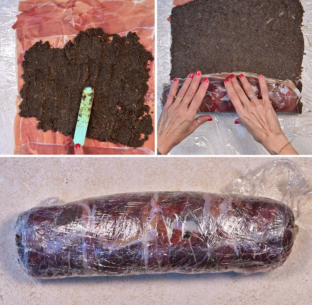 Three-panel image: top left shows prosciutto with a dark paste being spread; top right shows hands rolling up the layers; bottom shows the rolled meat tightly wrapped in plastic wrap on a counter.
