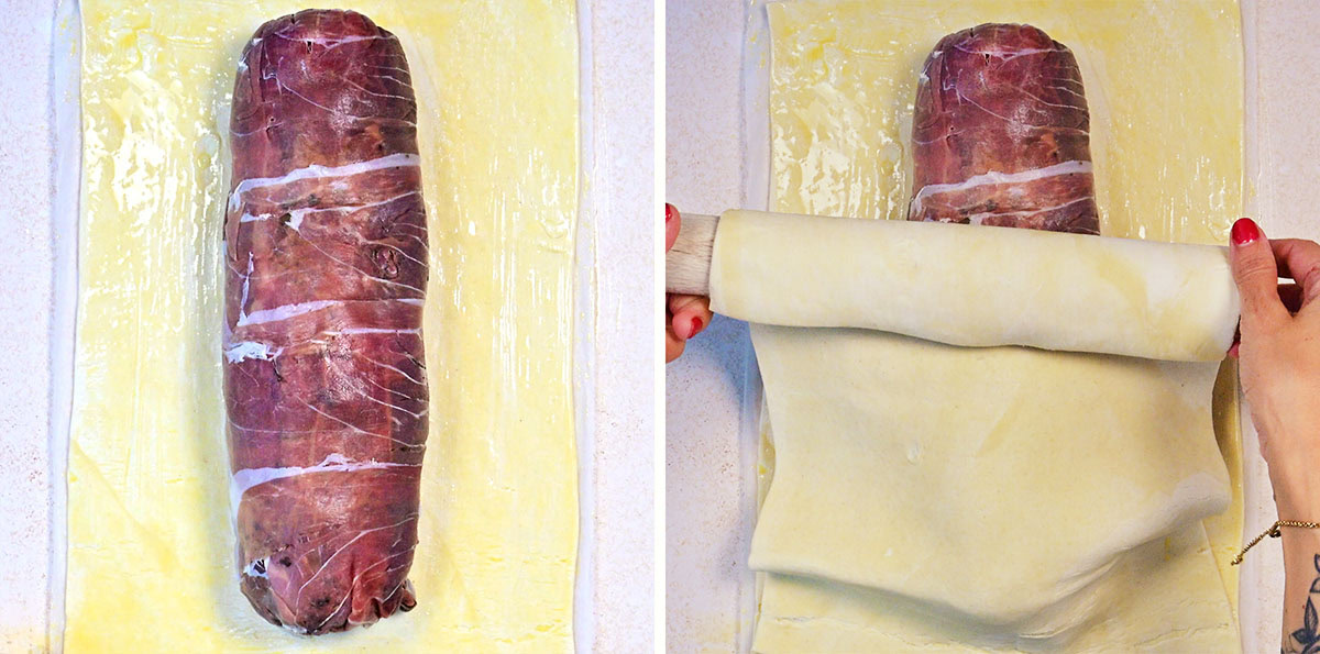 Side-by-side images showing beef wrapped in plastic on puff pastry (left), and hands beginning to roll the pastry over the beef with a rolling pin (right), preparing beef Wellington.