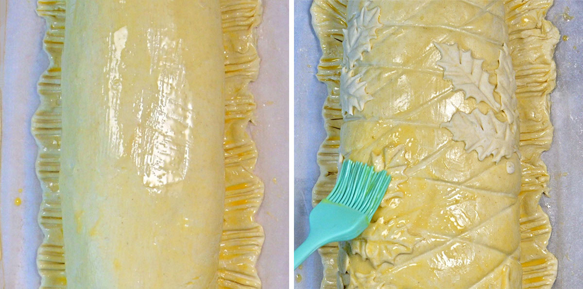 Split image: On the left, a plain beef wellington pastry-wrapped loaf with crimped edges is brushed with egg wash. On the right, the same beef wellington, now adorned with leaf patterns, is brushed with egg wash using a turquoise brush.