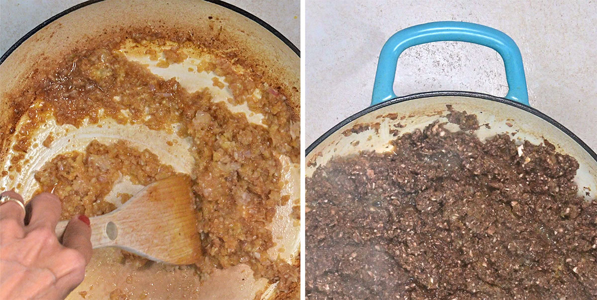 A hand stirs sautéed shallots and garlic in a pan on the left; on the right, the same pan holds browned finely chopped mushrooms with a turquoise handle visible.