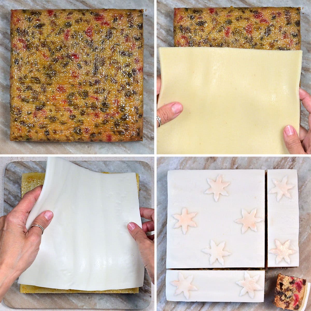 Four-panel collage showing hands covering a square fruitcake with a sheet of marzipan, followed by a sheet of white fondant. The coated cake is then decorated with fondant stars and cut into pieces.