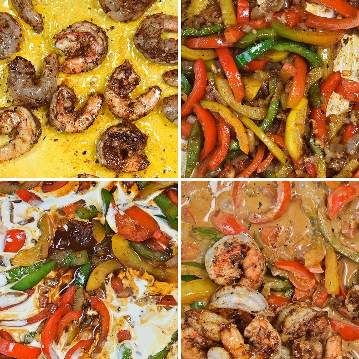 Four-panel collage showing how to make rasta pasta: seasoned shrimp cooking, sautéed sliced red, green, and yellow bell peppers, peppers mixed with sauce, and final dish of shrimp and peppers in a creamy sauce.