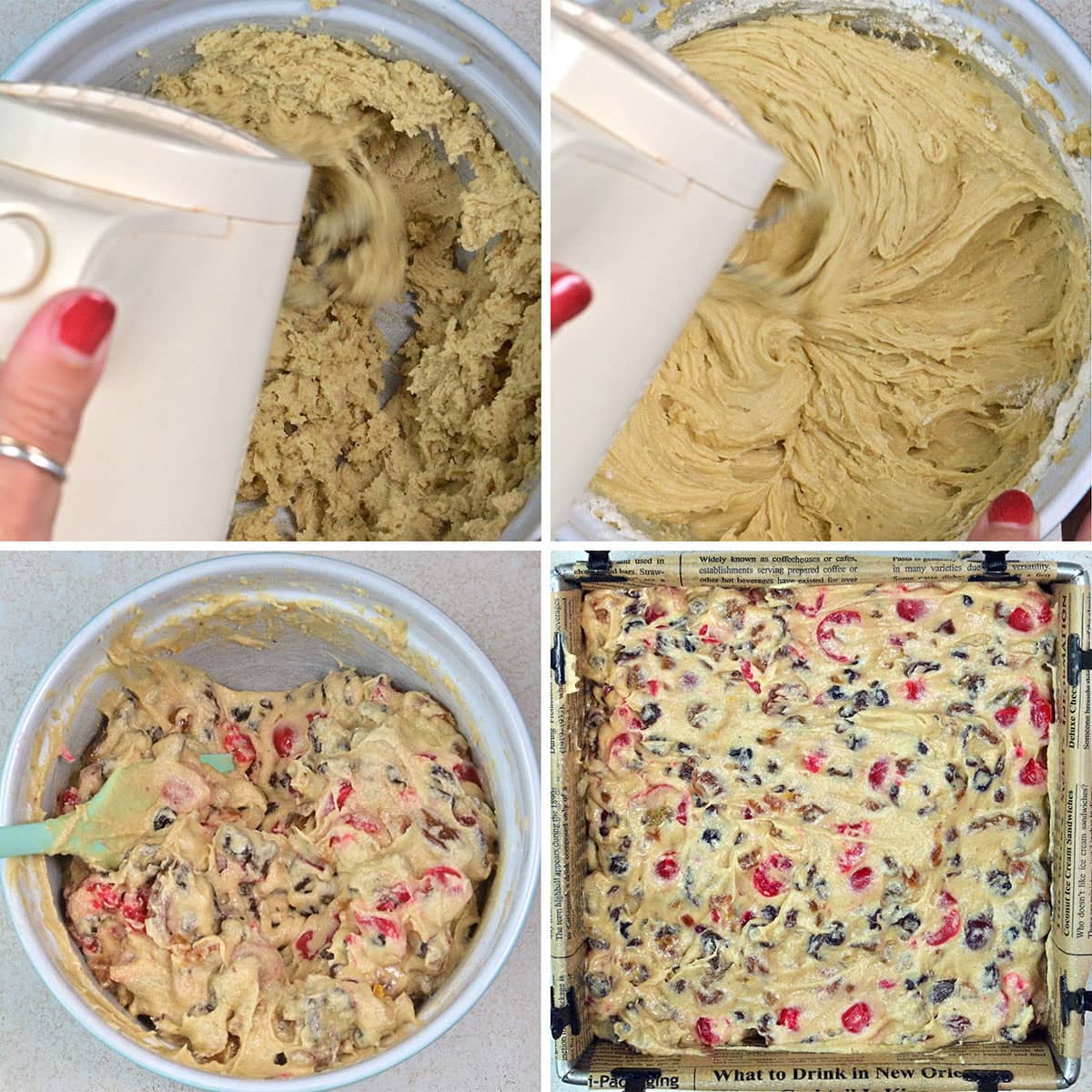 Four images show the process of making fruitcake: mixing batter with a hand mixer, beating until smooth, folding in chopped nuts and candied fruit, and spreading the mixture in a pan ready for baking.
