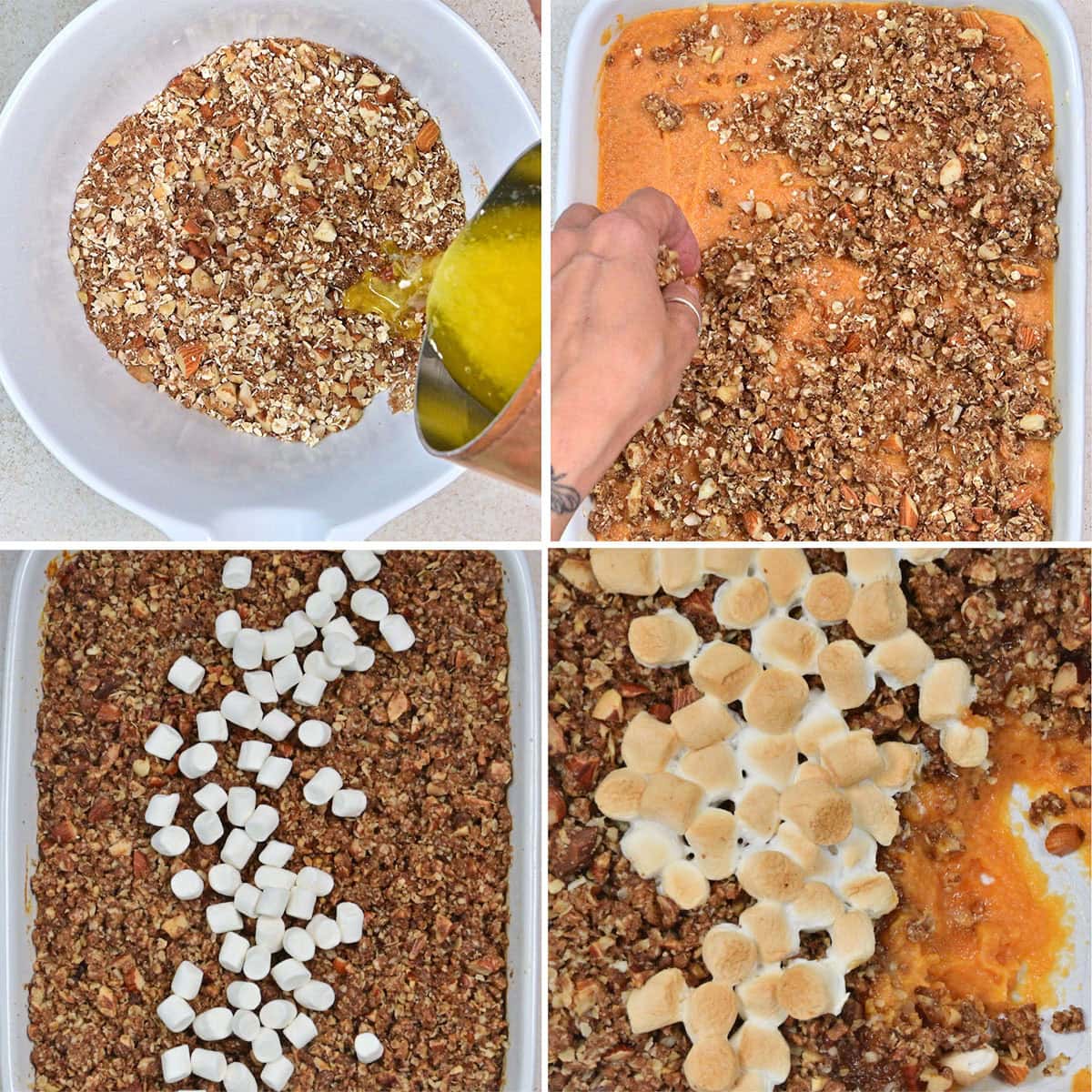 Four-step collage showing a sweet potato soufflé being made: mixing melted butter with a pecan topping, spreading the topping on mashed sweet potatoes, adding mini marshmallows, and the finished baked casserole with toasted marshmallows.