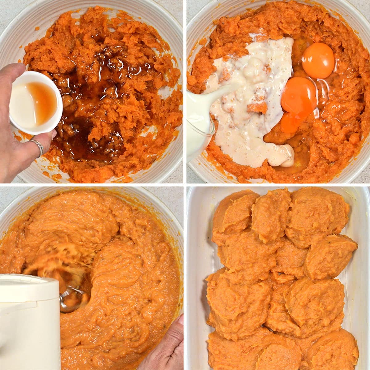 Four images show steps of making sweet potato casserole: adding vanilla to mashed sweet potatoes, adding eggs and milk, blending the mixture with a mixer, and scooping the mixture into a baking dish.