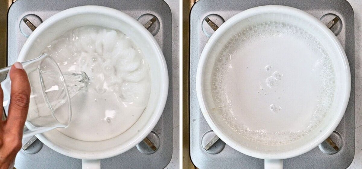 Side-by-side images show a coconut milk, water, sugar and salt in a pot on a stove. In the first, a hand pours water into the pot. In the second, the mixture is simmering with small bubbles forming on the surface.