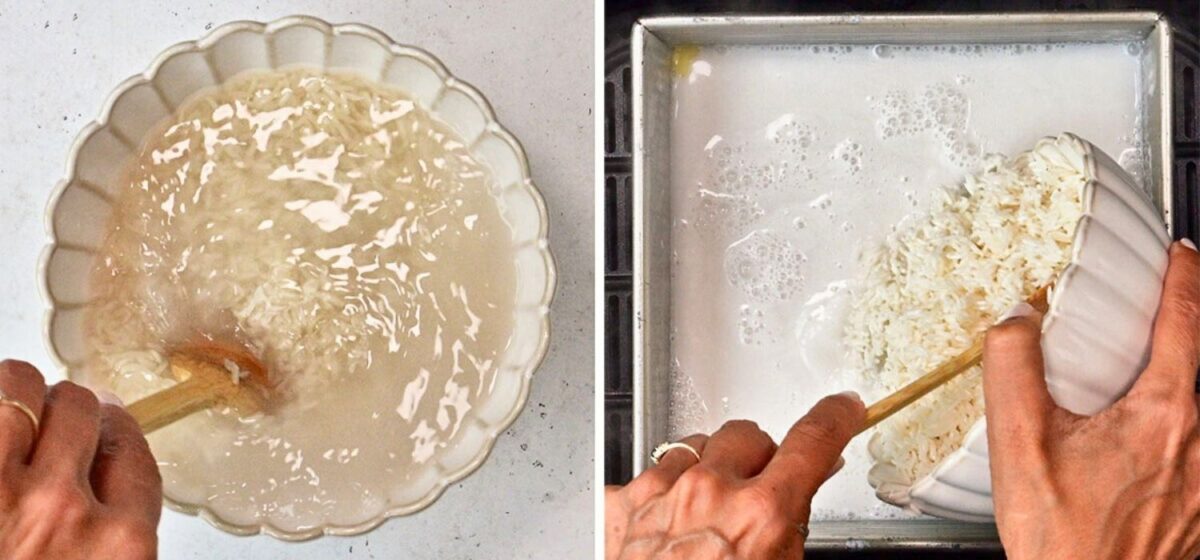 Two images side by side: On the left, someone stirs rice in a bowl of jasmine rice to remove excess starch. On the right, they pour the rinsed rice from the bowl into a square pan filled with coconut milk mixture.