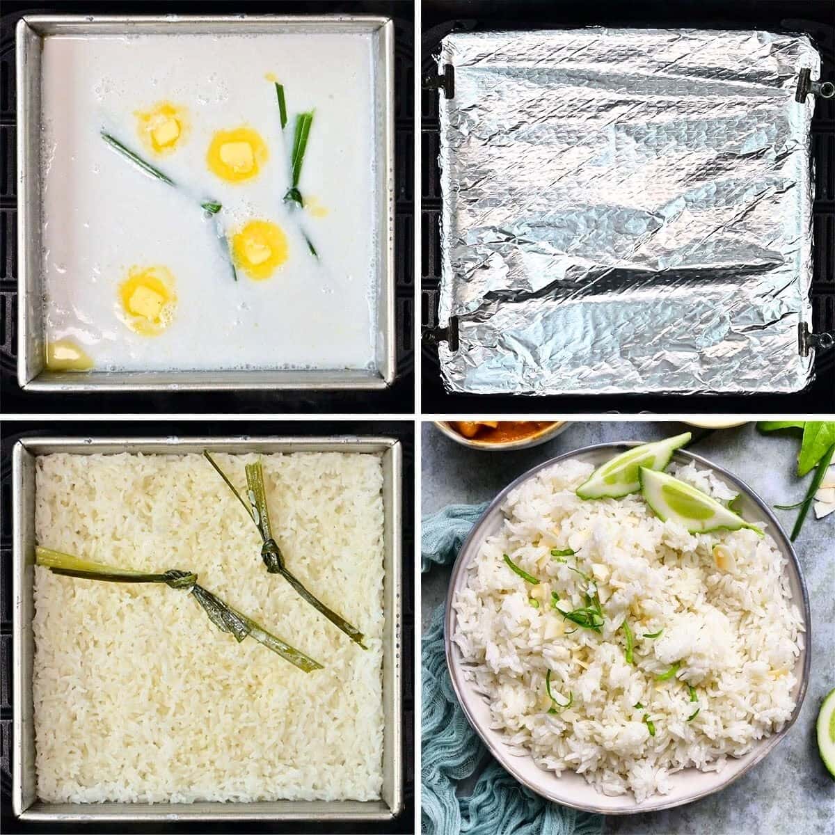 Four images show: uncooked rice with coconut milk, butter, and pandan leaves in a pan; the pan covered with foil; cooked rice with pandan; and a plate of fluffy coconut rice garnished with lime wedges.