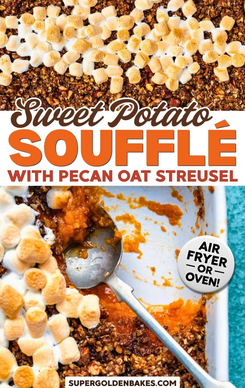 Indulge in Sweet Potato Soufflé topped with pecan oat streusel and toasted mini marshmallows, baked to perfection in your air fryer or oven!.