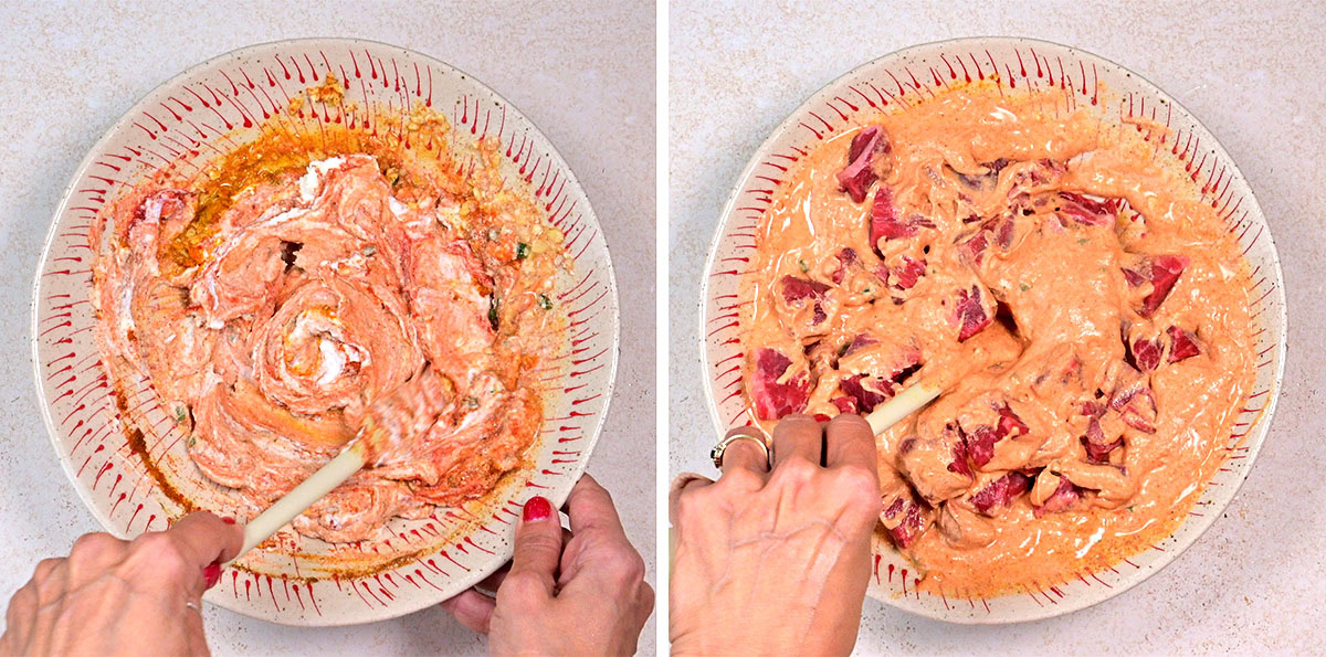 Two side-by-side images show hands mixing ingredients in a bowl. The left image shows a creamy yogurt marinade being stirred, while the right image features chopped tomatoes being mixed in, preparing the base for flavorful beef biryani.